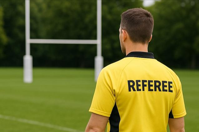 Schiedsrichter auf Rugbyplatz vor Goalpost mit gelben Trikot und Schriftzug Referee auf dem Rücken